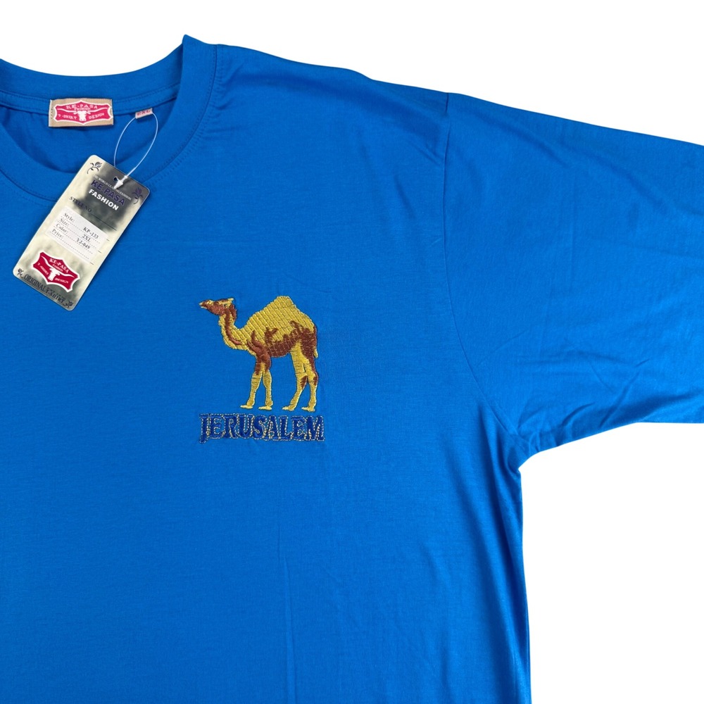 Ke-Pasa Fashion Mens 2XL Blue T-Shirt Embroidered Camel Jerusalem KP-133 NWT